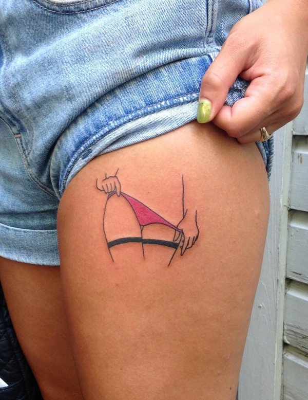 Pink panty feminist thigh tattoo idea. Pic by swamplost