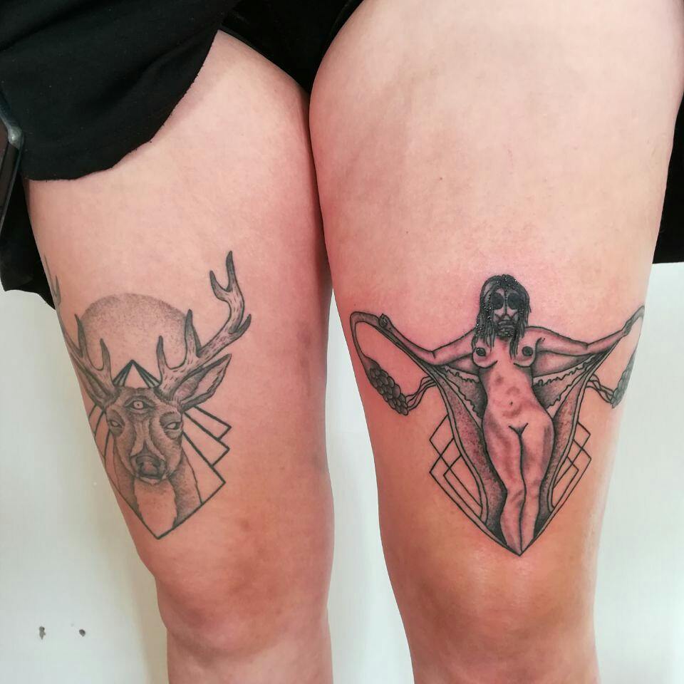 Uterus feminist tattoo on thigh. Pic by jason_inkedyou