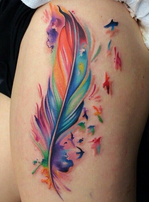 Beautiful feather tattoo and flying flock on thigh in Watercolor style for women.