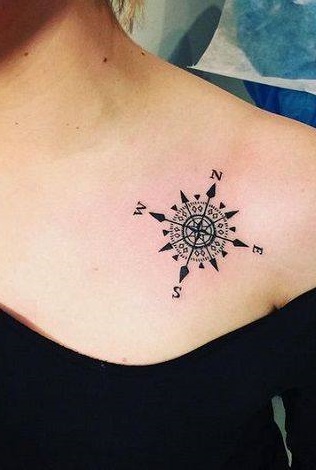 Black-shaded arrows serve as markers pointing to the four directions in this compass tattoo on collar bone.