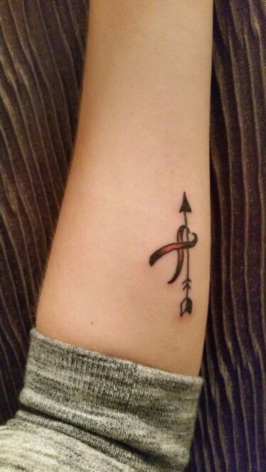 Breast cancer ribbon and arrow tattoo, inside forearm to show how to fight with cancer.