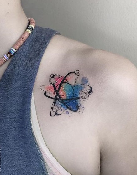 Cool galaxy watercolor tattoo on collarbone.