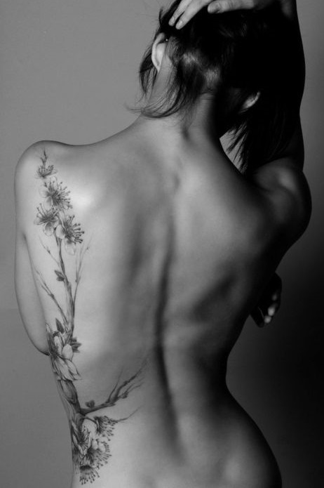 Glamorous grey dandelion and flower watercolor tattoo designs on side back for women.