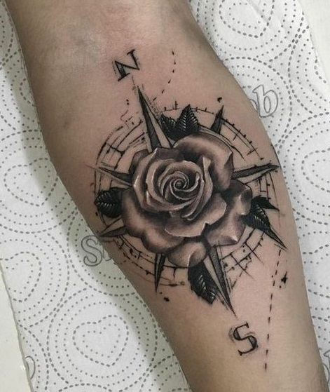 Love this combination of rose and compass tattoo.