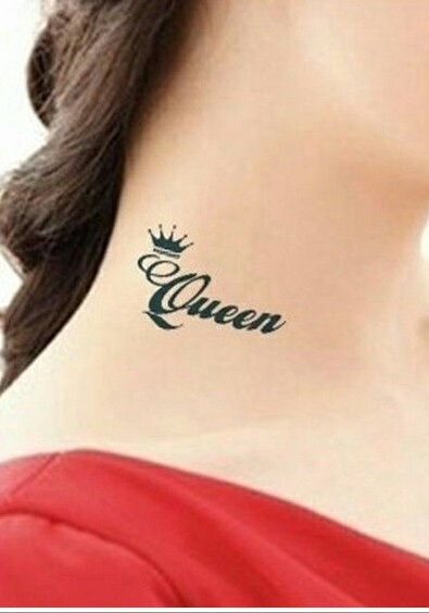 Queen tattoo with crown on neck.