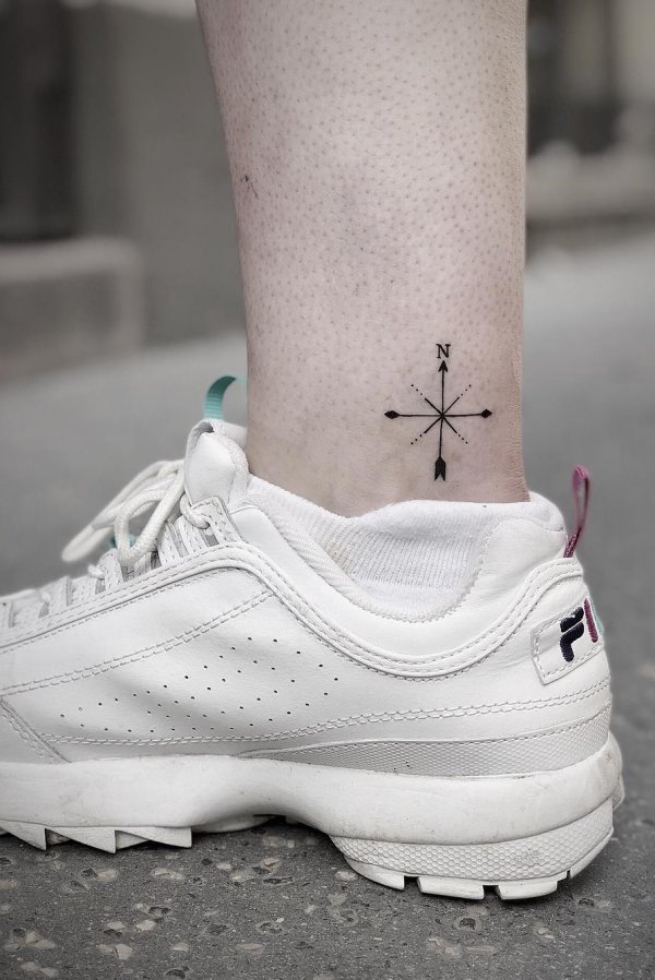This tiny compass tattoo on ankle is barely noticeable and easy to hide.