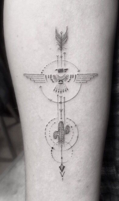 Unique compass tattoo with cactus inked on arm.