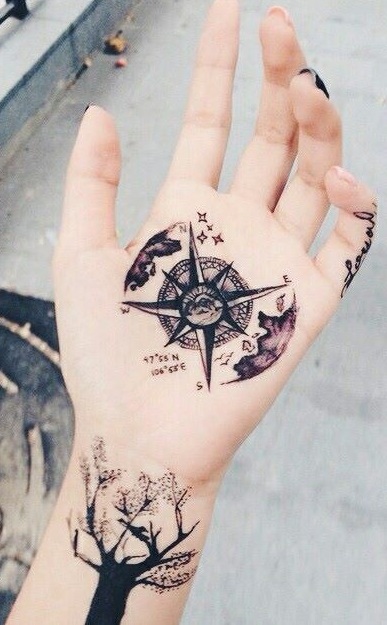 Whole world in one hand with this beautiful compass tattoo.