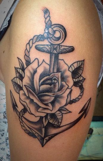 Amazing anchor with rose flowers tattoo design on half sleeves.