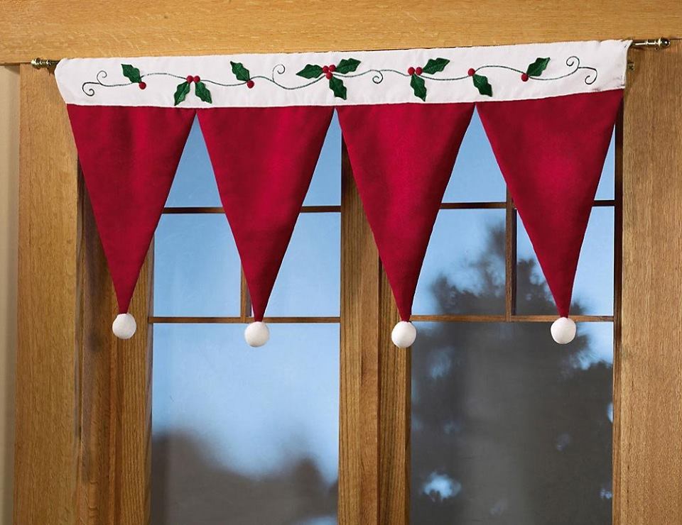 Cute Santa hat window valance for Christmas decoration.