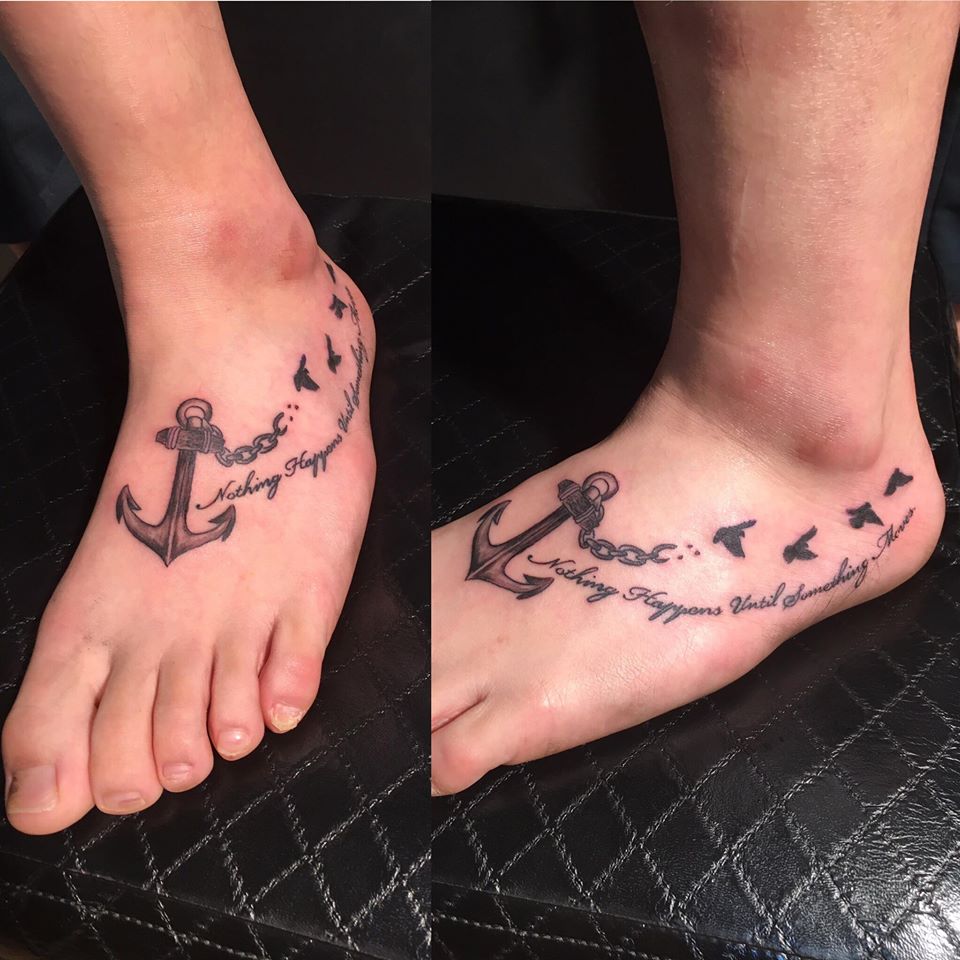 Love the idea of an anchor, birds and lettering tattoo on foot.