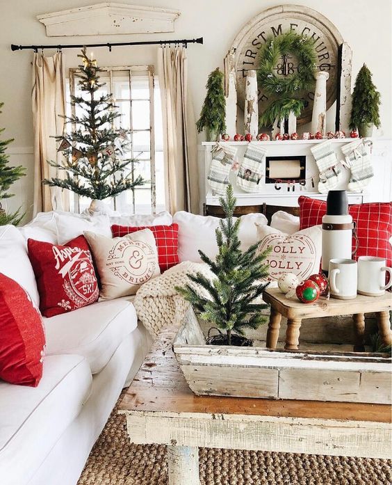 Red and white traditional Christmas decoration with beautiful cushion cover.