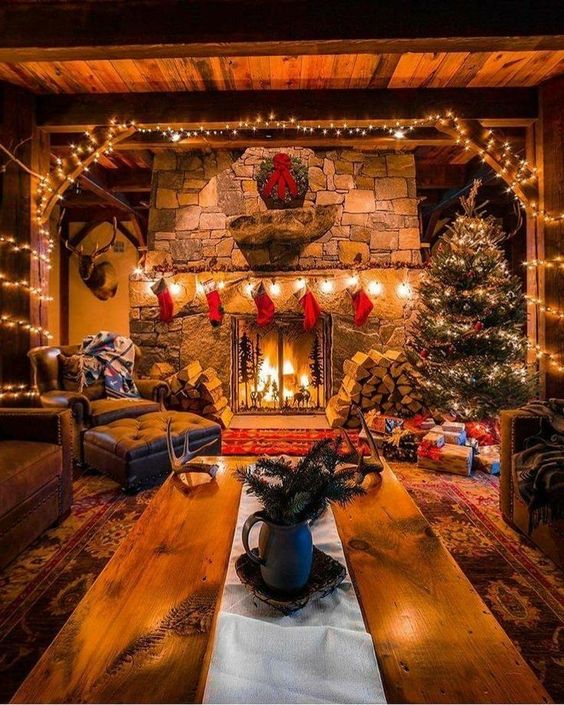 Rustic style living room decor for Christmas.
