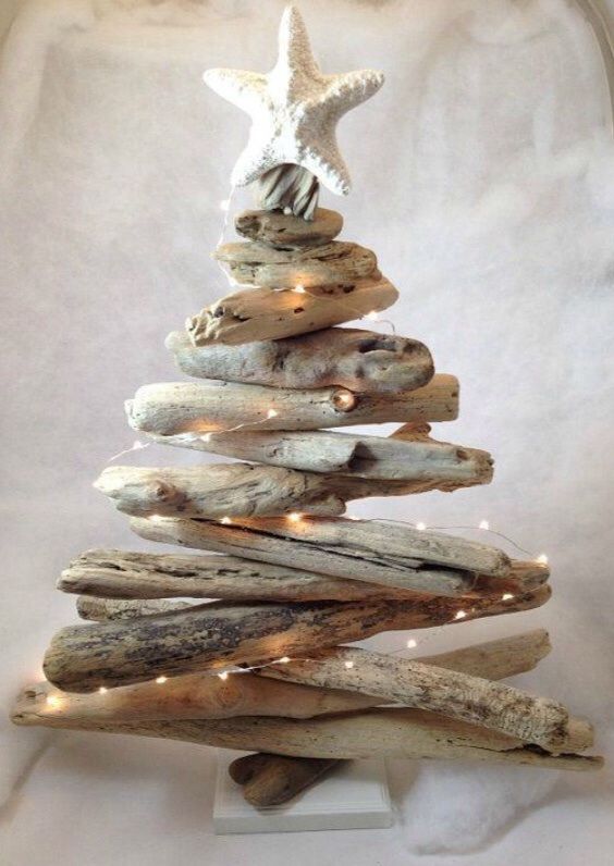 Sea themed drift wood Christmas tree idea.