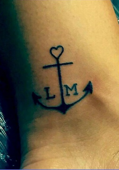 Sweet little heart anchor tattoo with initials.