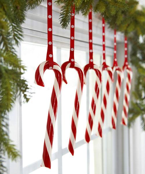 Traditional red and white candy cane Christmas window decoration.