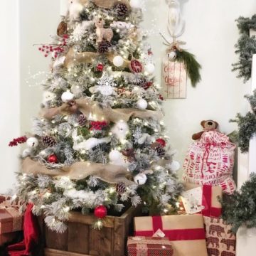 White decoration on Christmas tree with burlap, ornaments and berries.