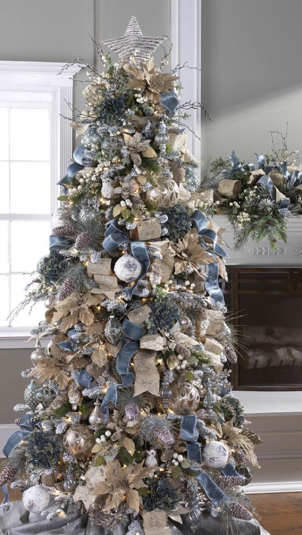 Winter Christmas tree decoration with blue, gold and silver along with burlap ornaments.