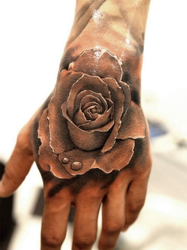 3D rose tattoo design and water droplets on it giving it a seriously real look.
