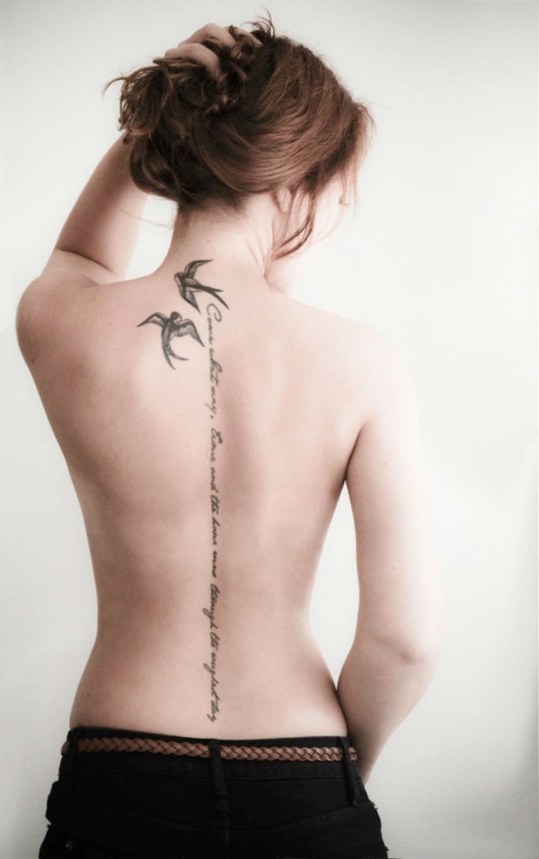A looooong quote way from low waist to your neck and two flying love birds can pour a story telling tattoo.