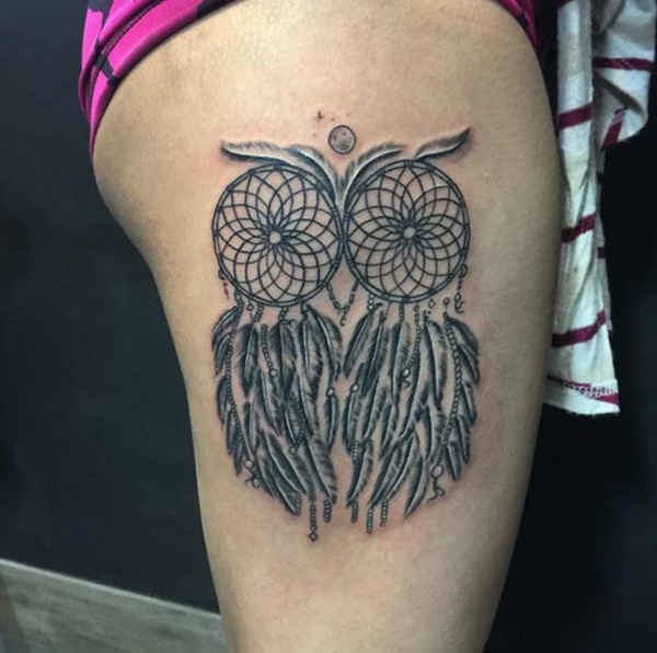 A pair of dreamcatcher tattoo making an owl.