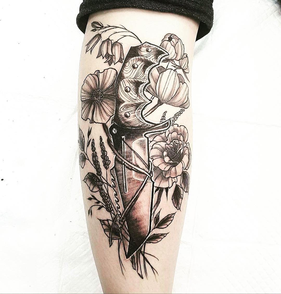 Adore Floral And Knife Calf Tattoo Idea For Girls.