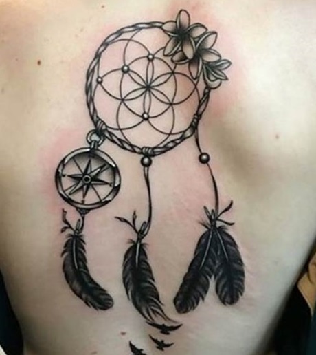 Alluring dreamcatcher tattoo on back.