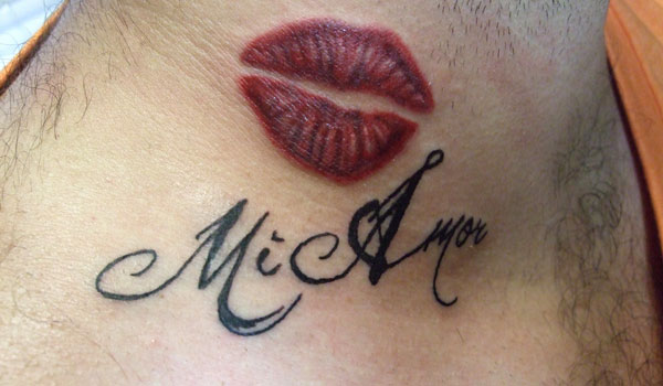 Amazing Lips Kiss Tattoo On Neck.