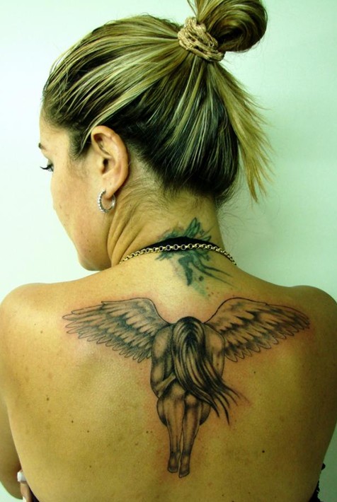 Angel Tattoo on Back of Neck.