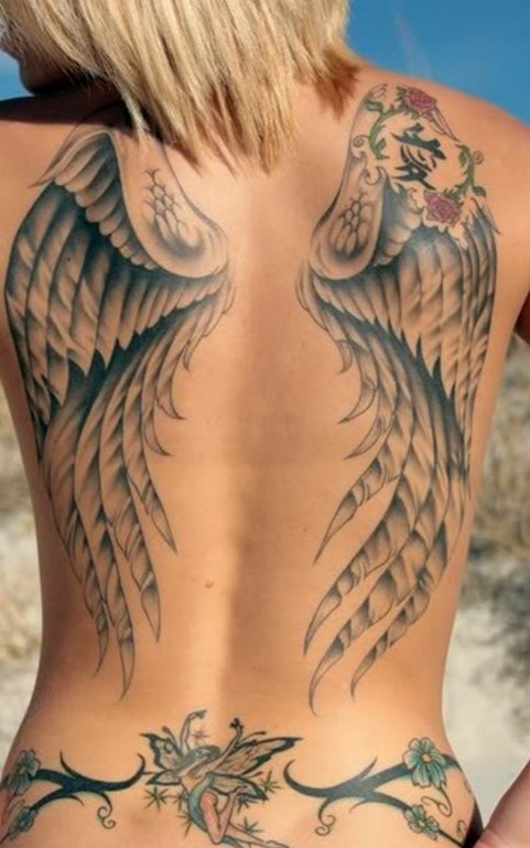 Angel Wings, Fairy, Flowers, Roses, Tribal Back Tattoo.