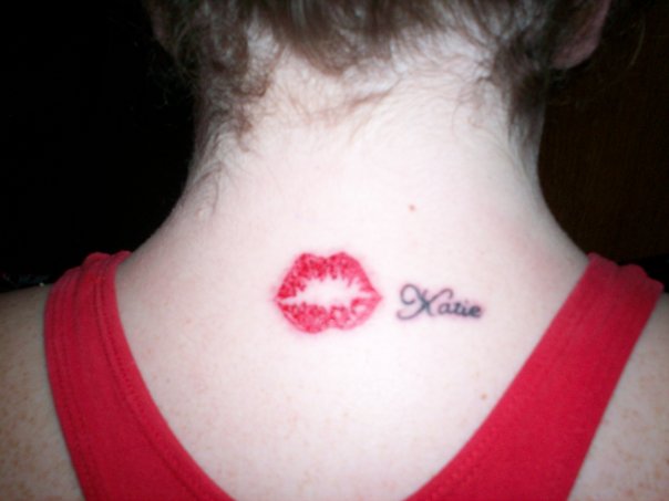 Back Neck Lips Kiss Tattoo.