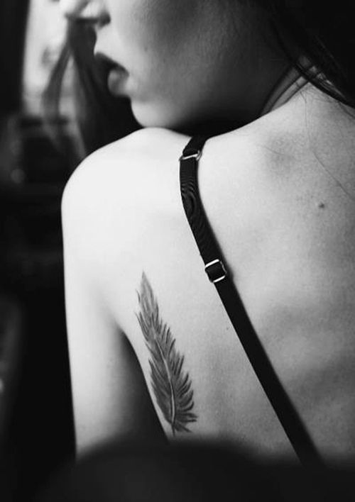 Beautiful feather tattoo on back.