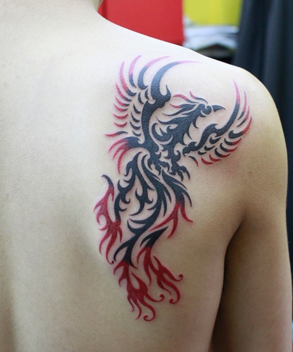 Beautiful tribal phoenix tattoo on back shoulder.