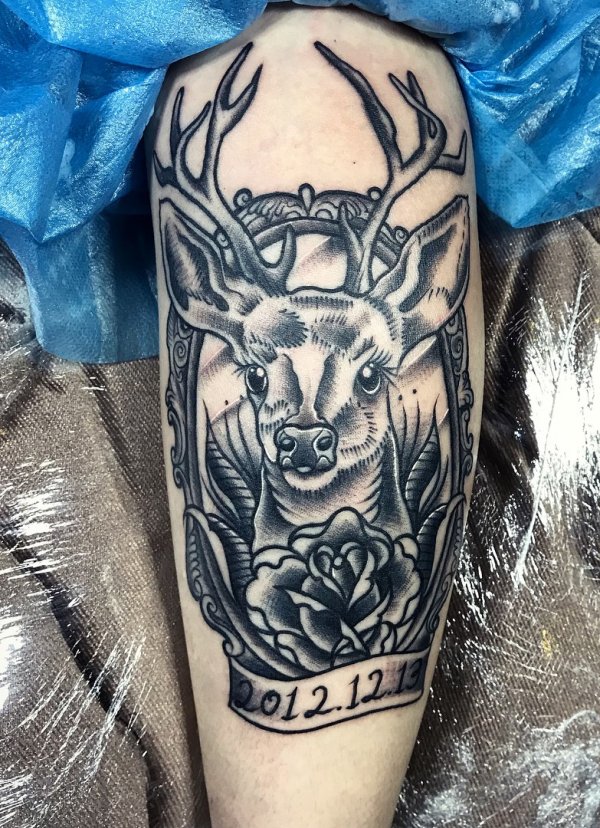 Black And White Deer Calf Tattoo Idea For Girls.