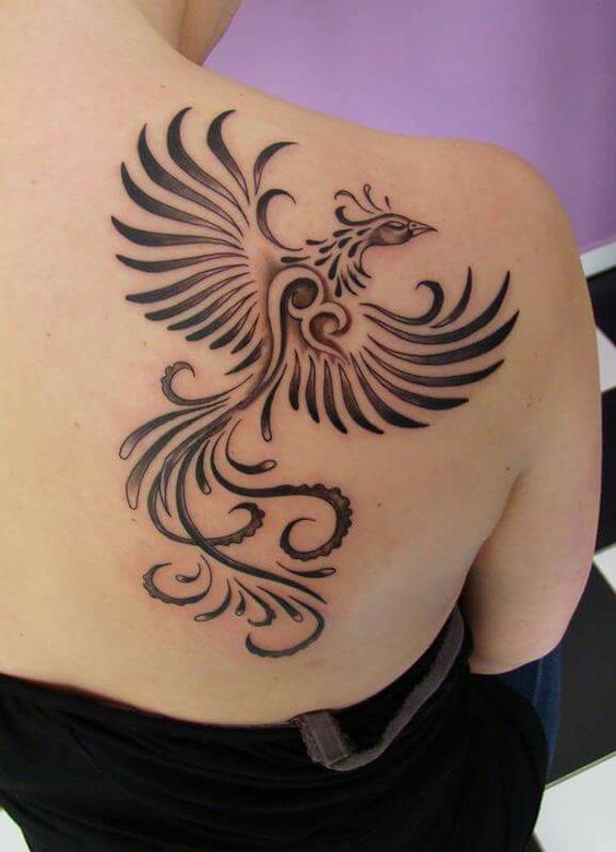 Black & brown phoenix tattoo on back shoulder.