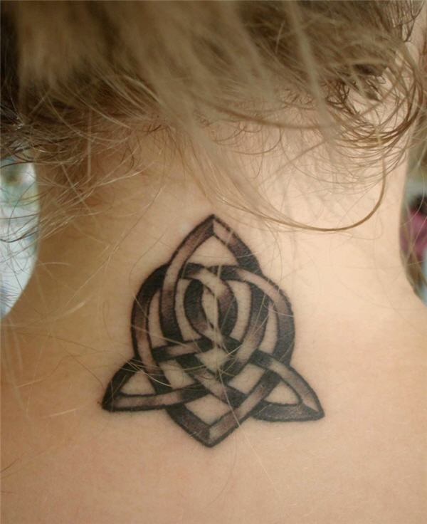 Black & grey triangle shaped celtic tattoo on back neck.