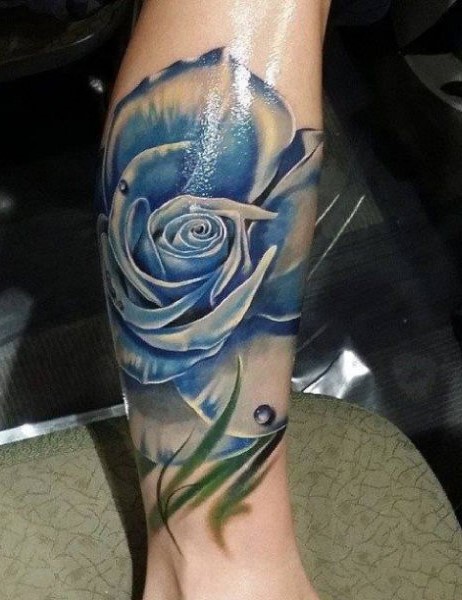 Blue Rose Calf Tattoo.