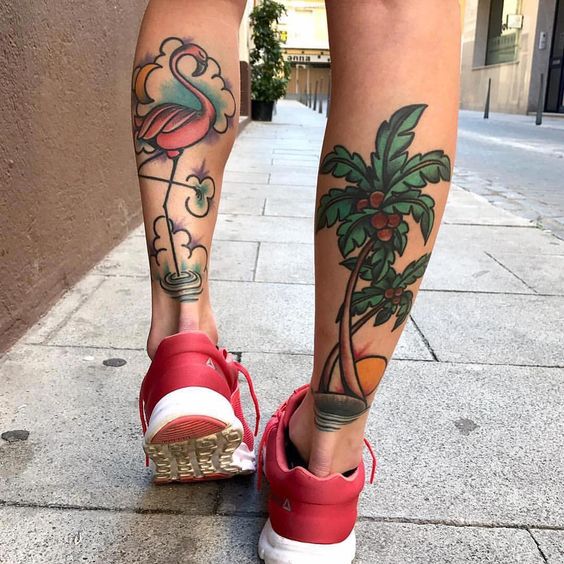 Colorful Calf Tattoos For Females.