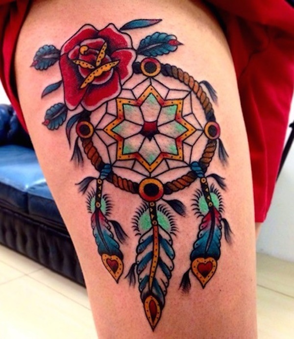 Colorful tattoo on thigh.
