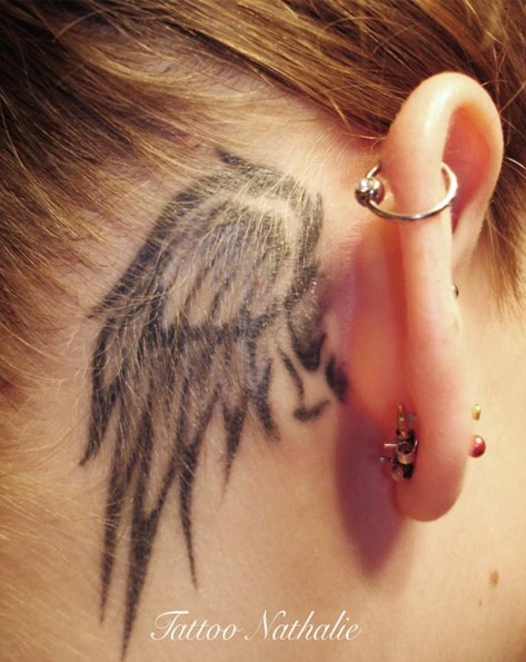 Cute Small Angel Wing Tattoo Behind Ear.
