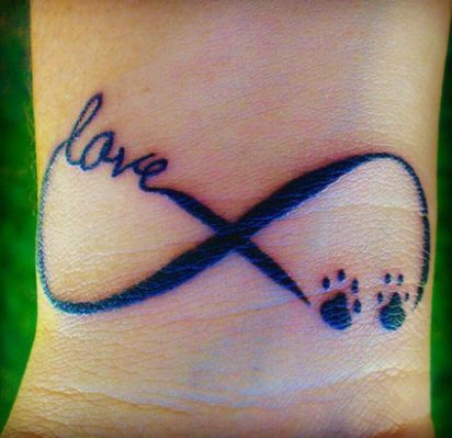 Dashing infinity tattoo with dog paw print and love.