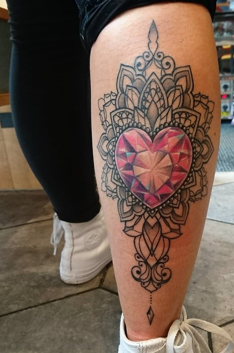 Diamond Heart Calf Tattoo Idea For Girls.