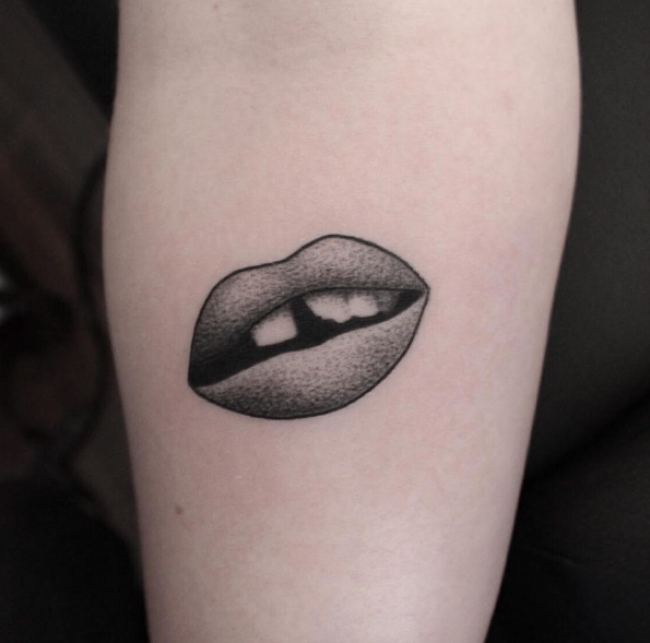 Dotwork Chipped Tooth Lip Tattoo Idea.