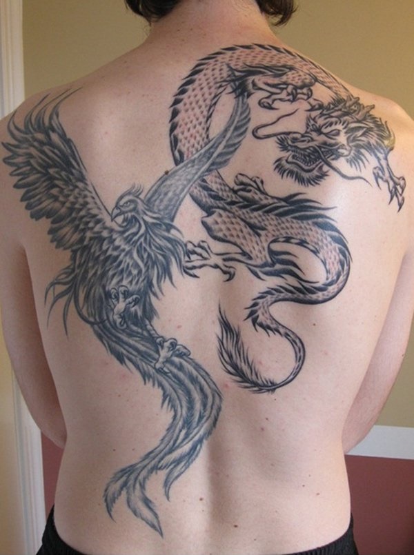 Dragon and a phoenix tattoo a unique design.
