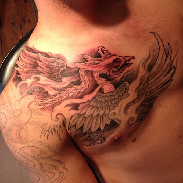 Fabulous phoenix tattoo on chest.