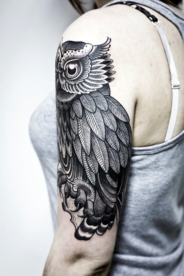 Fantastic owl tattoo sleeve design for girls.