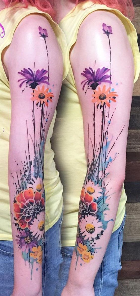 Floral art sleeve tattoo design.