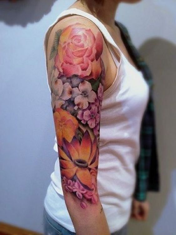 Flower half arm sleeve tattoo for girls.