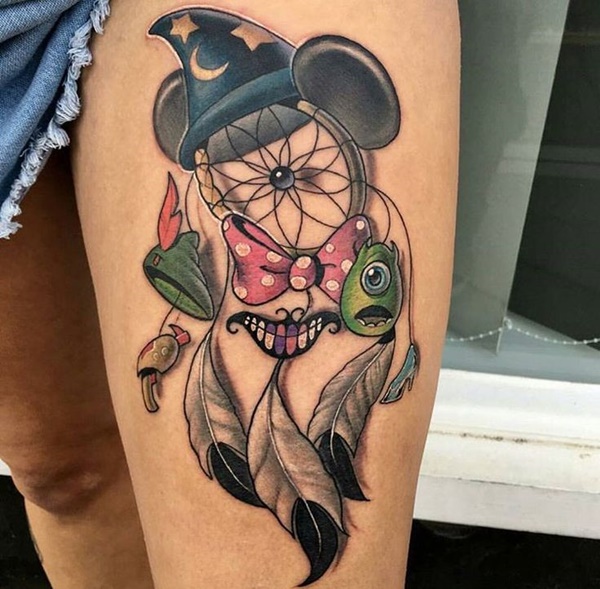 Funny dreamcatcher tattoo on thigh.