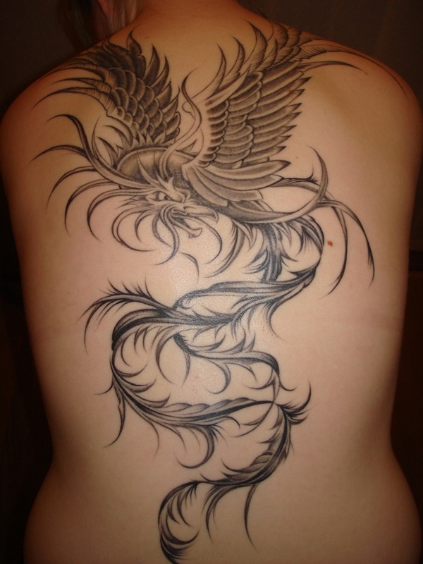 Grey phoenix tattoo on full back.